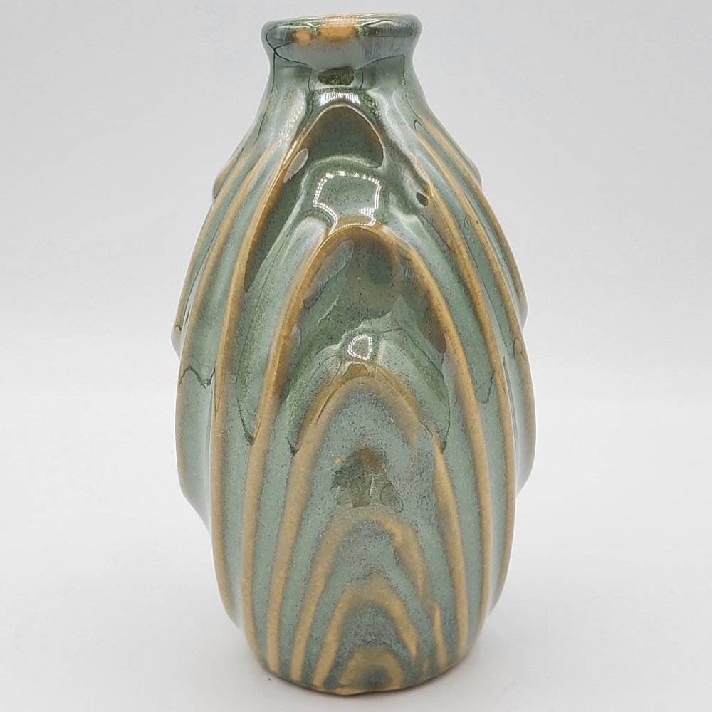 Celadon Glazed Art Pottery, Green, Ridged Bud Vase, 5.25: x 3.25"
